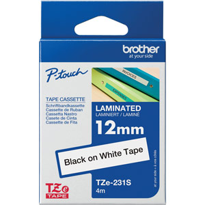 Brother P-Touch TZe Lam Tape Cassette 12mm x 4m Black on White Tape TZE231S2