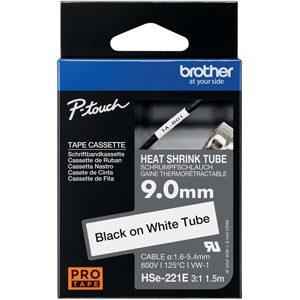 Brother HSe Heat Shrink Tube Tape Cassette 9.0mmx 1.5m Black on White HSe221E