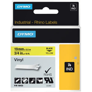 Dymo 18433 Rhino Vinyl Tape 19mm x 5.5m Black on Yellow S0718470